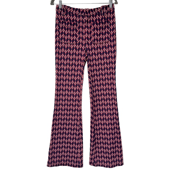 {Free People} High Rise Geometric Mod Retro Print Blue Red Pink Flare Leg Pants - Picture 2 of 9